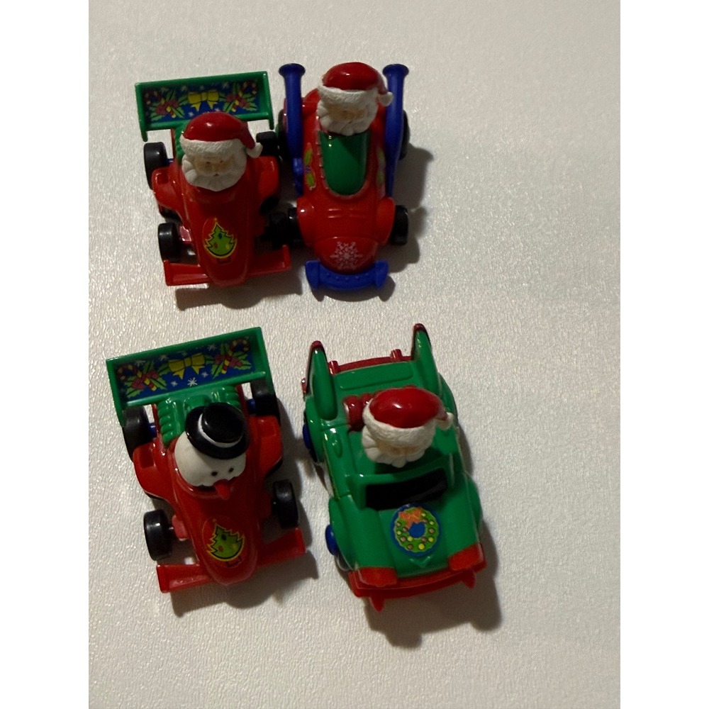 Vintage Christmas Santa Snowman Pull Back Race Cars Red Green Holiday Toys Set 4